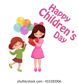 happy childrens day greeting card design vector illustration, cute baby fun with balloons, joyful cartoon girl and boy play together, kids party isolated concept background