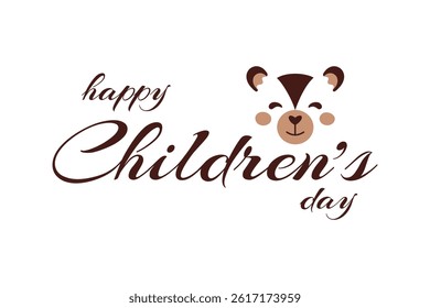 Happy Children's Day Greeting with Cute Bear Face and Calligraphy Text. Adorable Kids Celebration Banner for Posters, Cards, Nursery Decor, Holiday Invitations, and Childhood Designs