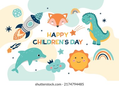 Happy childrens day. Greeting or invitation postcard for international holidays. Animals, rainbow, cloud and rocket, cute characters. Fox, dolphin, dinosaur. Cartoon flat vector illustration