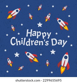 Happy children's day greeting with rocket cartoon illustration. Suitable for postcard, templates and poster backgrounds.