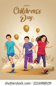 happy children's day group of kids running off-white background. abstract vector illustration 