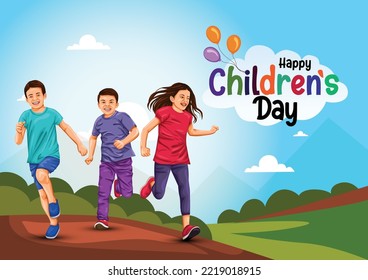 happy children's day group of kids running nature background. abstract vector illustration design. 