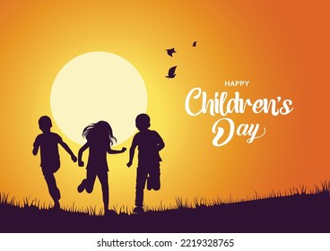 happy children's day group of kids running background. abstract vector illustration 