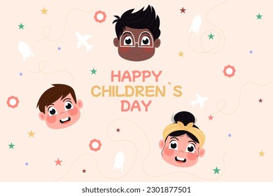 Happy children's day with children's heads on a flat background