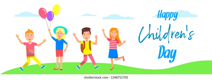 Happy Childrens Day Horizontal Banner. Cute Cheerful Kids Stand on Grass. Smiling Girls with Balloons, Boys Waving Hands on Cloudy Sky Background. Summer Vacation. Cartoon Flat Vector Illustration.