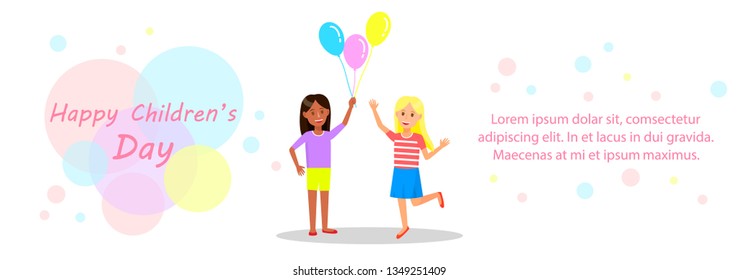 Happy Childrens Day Horizontal Banner with Copy Space. Happy Cheerful Blonde and Brunette Little Girls Holding Balloons on White Background with Colorful Circles. Cartoon Flat Vector Illustration.