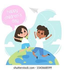 Happy children's day illustration with children jump in the world