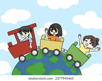 happy children's day illustration. Children are playing outside on a toy train