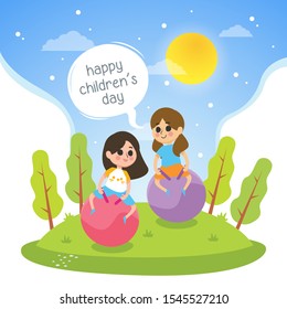 Happy children's day illustration with girls play in park