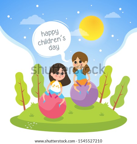 Happy children's day illustration with girls play in park