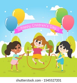 Happy children's day illustration with group of girl play together