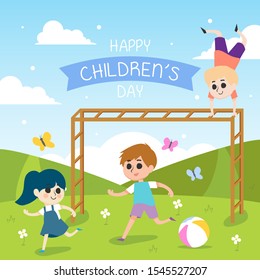 Happy children's day illustration with running children