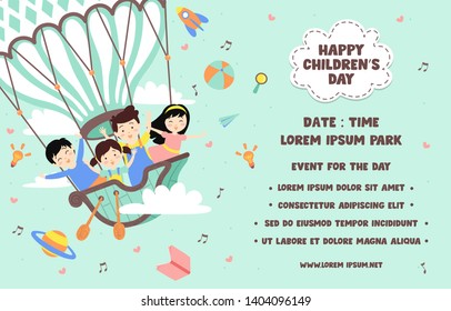 Happy Children's day Illustration. World of imagination with kids on vintage hot air balloon 