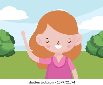 Happy Children's Day, international celebration with cute little girl.  Trees and grass in background, vector illustration