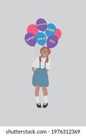 Happy children's day. International children's day. Girl standing with a bunch of ballons. Schoolgirl and helium balloons. 