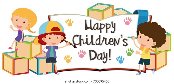 Happy children's day with kids and blocks illustration