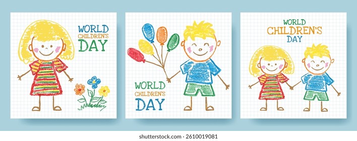 Happy Children's Day. Kids Card with Doodle Child. World Kids Day Cards with Hand Drawn Illustration. Cute Happy Childhood Concept Design. Funny Hand Drawn Children's Poster with Boy, Girl and Flower.