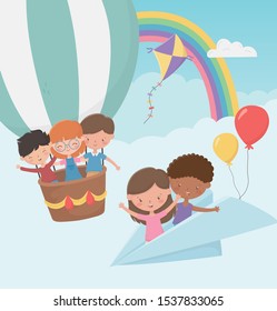 happy childrens day, kids flying with paper plane and hot air balloon vector illustration