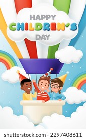 Feliz Día del Niño con niños volando desde globo aerostático y un arcoiris en el fondo azul del cielo para banner infantil, afiche del día del niño, medios sociales, fondo de pantalla, sitio web. 3.ª ilustración vectorial
