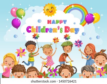 Happy children's day. kids are playing together happily. Running, jumping, laughing, cycling, cute boys and girls. Scene of blue sky, rainbow and sun. Childhood concept.