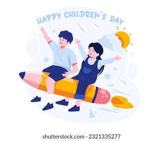 Happy Children's Day. Kids riding a pencil rocket in the sky. Cute boy and girl riding a flying pencil together. Vector illustration in flat style