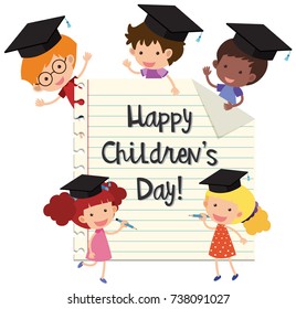 Happy children's day with kids wearing graduation caps illustration