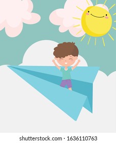 happy childrens day, little boy playing on paper plane sky sun cartoon vector illustration