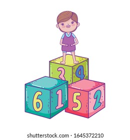 happy childrens day, little boy standing on numbers cubes cartoon vector illustration