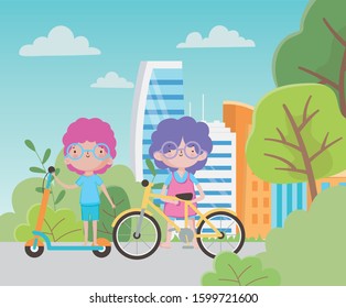 Happy Children's Day  little boys with electric scooter and bike in city park, vector illustration