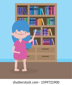Happy Children's Day, little girl student with bookshelf and books, vector illustration