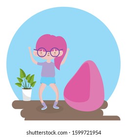 Happy Children's Day, little girl wearing glasses in the room with chair and plant.  vector illustration