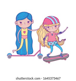 happy childrens day, little girls with scooter bike and skateboard in the park vector illustration
