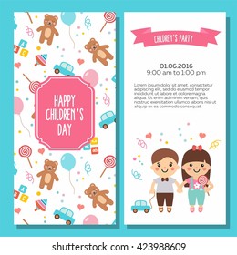 Happy children's day. Lovely card with funny kids and toys pattern. Sweet teddy bear, balloon, bricks, candy, whirligig and car. Perfect for invitations, banners and greeting cards.