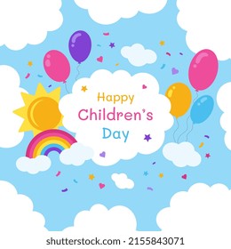 Feliz día de los niños al fondo de un cielo azul con nubes. Carta de bienvenida colorida con nubes, globos y un arcoiris. Día Internacional del Niño.