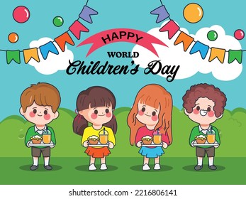 Happy Children's day party with gift ball play and food. Cute cartoon student in doodle hand drawn style.