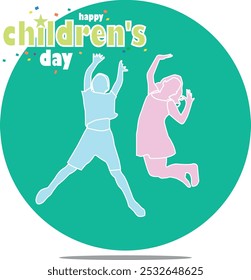 happy children's day. a pink little girl and a blue little boy have jumped into the air
