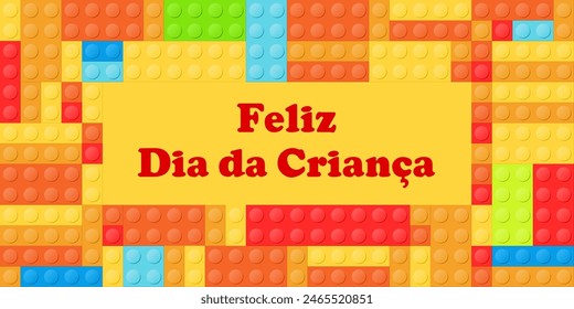 Feliz Día del Niño en portugués - Feliz Día de Crianca. Tarjeta de felicitación o diseño de Anuncio con bloques de construcción de juguete de colores.