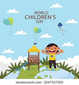 Feliz día del niño y tarjeta de felicitación. Ilustración vectorial moderna y mínima de celebración del Día Mundial del Niño.
