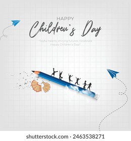 Happy children's Day post with pencil, sharpner creative concept children's day background banner, poster. vector illustration.