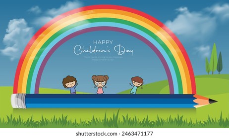 Feliz día de los niños post con arco iris, niños y lápiz sobre fondo de cielo azul. Vector de la Plantilla especial de caricaturas para niños.