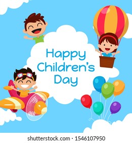 Happy Children's Day Poster Background vector design template with a boy drive a plane and girl in the air balloon on the cloud sky scene flat illustration