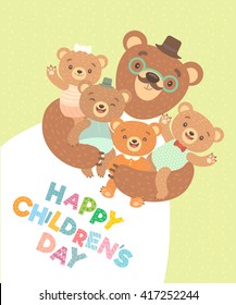 Happy Children's Day poster with cute baby-bears and father-bear. 