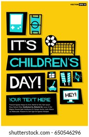 Happy Children's Day Poster In Flat Style Retro Design with Text Box Template