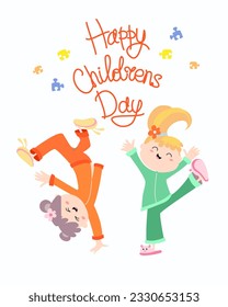 Happy childrens day poster. Hand drawn kids background. Flat design perfect for your designed header, banner, web, wall, cards, etc. Isolated on white background.