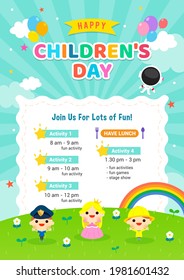 Happy Children's day Poster invitation vector. kids in spring meadow