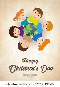 Happy Children's day poster with happy kids around the world illustration with typography text or font - 20 november 