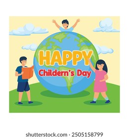 Happy Children's day poster with happy kids around the world. flat vector modern illustration 