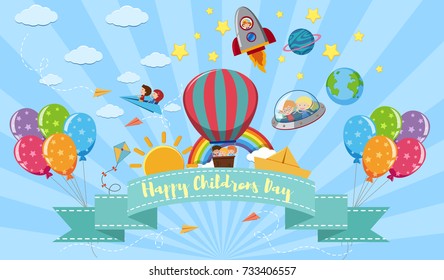 Happy Children's day poster with kids and toys illustration