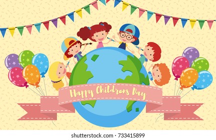 Happy Children's day poster with kids and balloons illustration