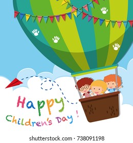 Happy children's day poster with kids on balloon illustration